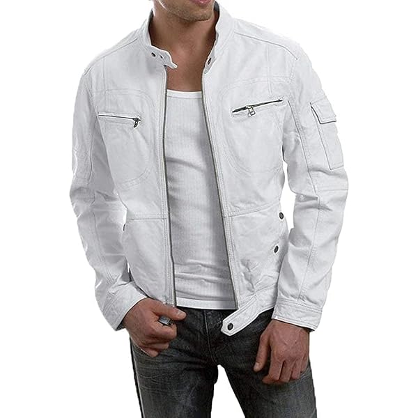 HiFacon Mens White Real Leather Jackets Vintage Motorcycle