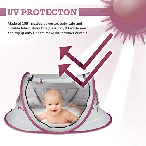 Overcrest Portable Beach Pop up Tent Babies, UPF 50+, Large Sun Shelter Infant Babies, Mosquito Net Sunshade, Lightweight Outdoor Travel Baby Crib Bed (Mauve)