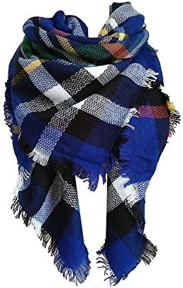 Winter Square Long Scarf Large Soft Tartan Shawl Wrap Plaid Blanket Scarf for Women (Blue)