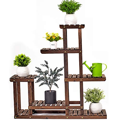 Wooden Plant Stand 6-Tier Flower Rack Multi Wood Shelves Bonsai Display Storage Shelves Indoor Outdoor Yard Garden Patio Balcony for Multiple Plants (6 Wood Shelves 10 Pots)