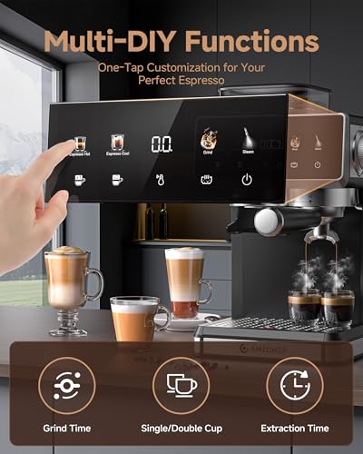 AMZCHEF Bean to Cup Coffee Machines 20 Bar - 20 Grind Settings & 3-Temp Control, Hot/Cold Brew Coffee Machine with Grinder with Color Touchscreen