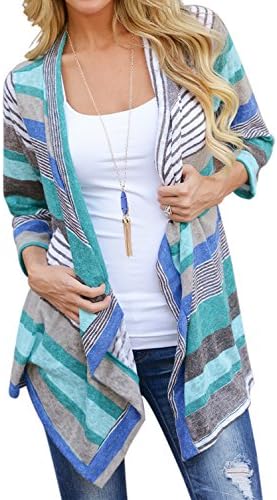Womens Color Stripe Knit Open Front Cardigans - Aegean Auras Ladies 3/4 Sleeve Sweater Jacket Casual Outerwear