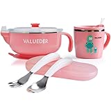 VALUEDER Baby Feeding Set Includes 360ml Baby Feeding Bowl with Lid, Non-spill Cup, Spoon and Fork with Travel Case for 6m+ babies (Pink)