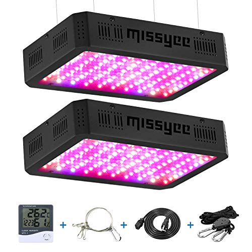 1000W LED Grow Light, Missyee 2-Pack Full Spectrum Plant Light with UV&IR, Veg and Bloom Dual Switch for Greenhouse Indoor Plants Veg Flower, Thermometer Humidity Monitor Adjustable Rope, Black