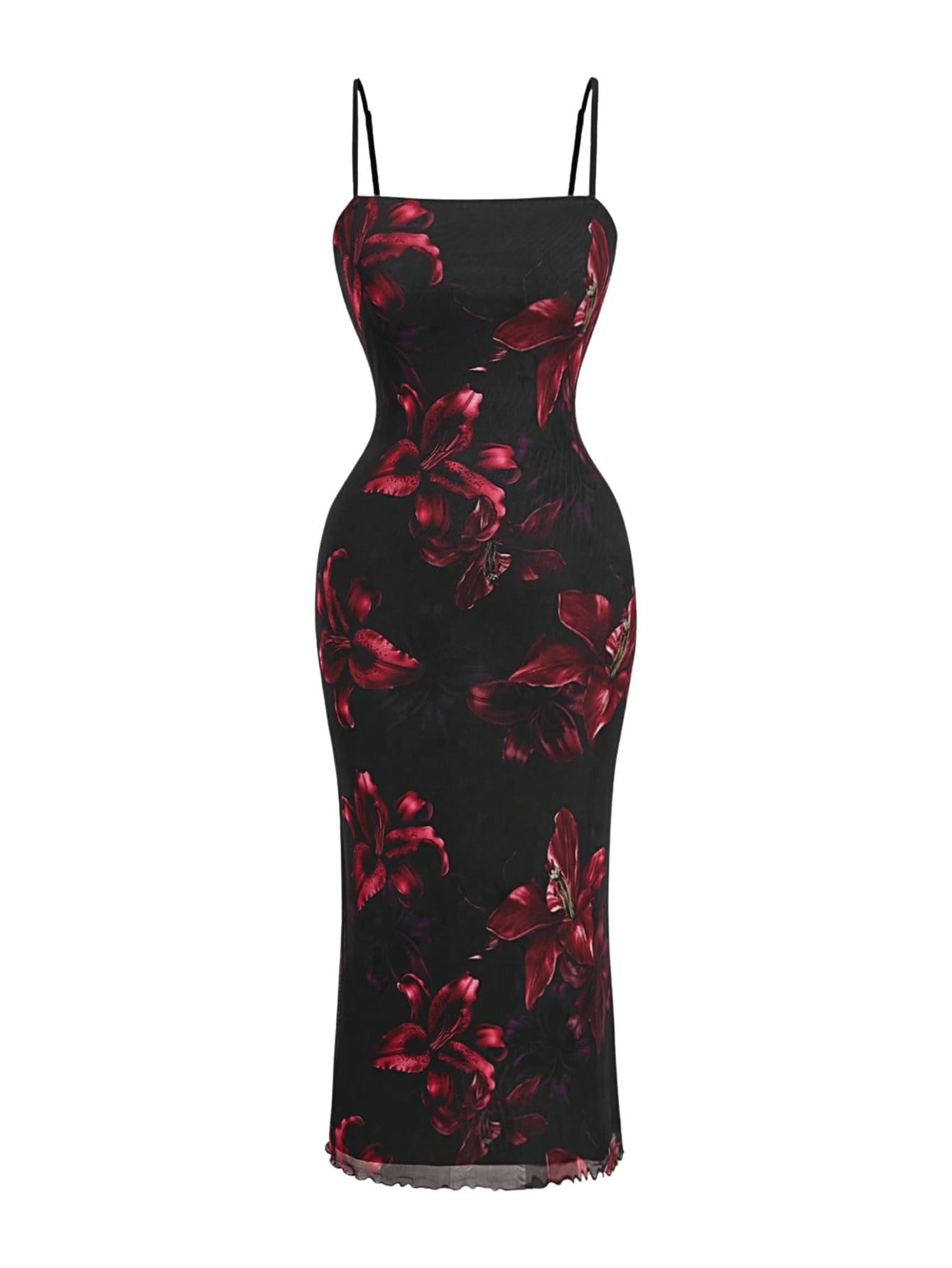 Photo 1 of BEAUDRM Women's Plus Size Floral Dress Bodycon Spaghetti Strap Mesh Party Cami Long Dresses Red and Black 3X-Large Plus