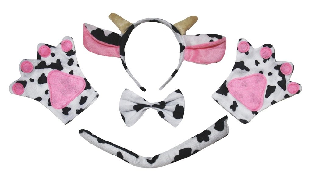 Petitebelle Dairy Cow Headband Bowtie Tail Gloves 4pc Children Costume 1-5y (One Size)
