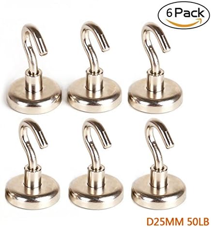 Strong Magnetic Hooks 25MM 50LB Mini Hooks Hanger Magnets Linked Fridge Home Kitchen Wall Hold Silver (Pack of 6)