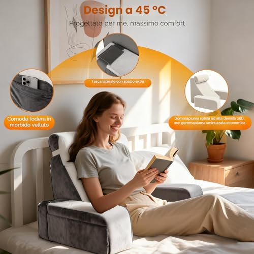 Large Reading Pillow with Removable Neck Pillow and Armrest, Back Cushion, Ergonomic Back Cushion with Arm and Pocket and Washable Reading Pillow Cover for Reading