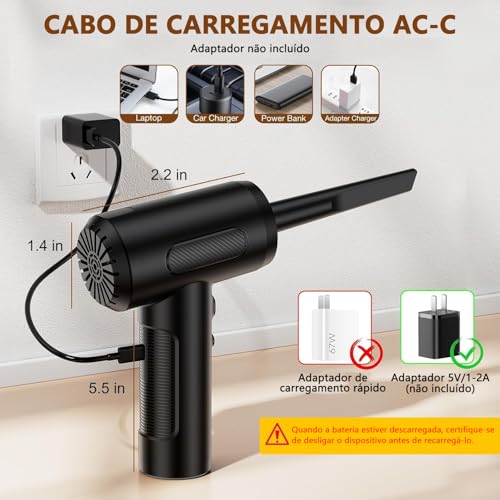 Mini Soprador de Ar para PC, 3 em 1 Inflador, Aspirador e Soprador Portatil, 50000rpm, 6000mAh, Ar Comprimido Limpeza PC, Sem Fio, Recarregável, para limpeza de teclado, Eletrônicos, Infláveis e Carro
