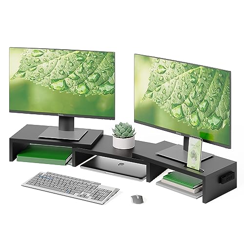 BONTEC Dual Monitor Stand, Desktop PC Monitor Riser, Wooden Desk Organizer, Adjustable Length and Angle for Portable Monitor and PC Monitor, Black