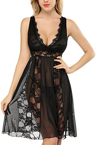 DLOREUK Womens Lace Babydoll Lingerie Outfits Mesh Nightwear(Black, L)