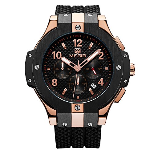 Mens Chronograph Military Quartz Watch with Rose Gold Case Black Silicone Strap Big Dial Date Waterproof