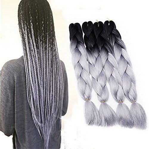 24'' 5Pcs / 500g Two Tone Ombre Kanekalon Jumbo Braiding Hair Synthetic Braid Hair Extensions For Full Head (24 inch, 1B / Silver Grey)