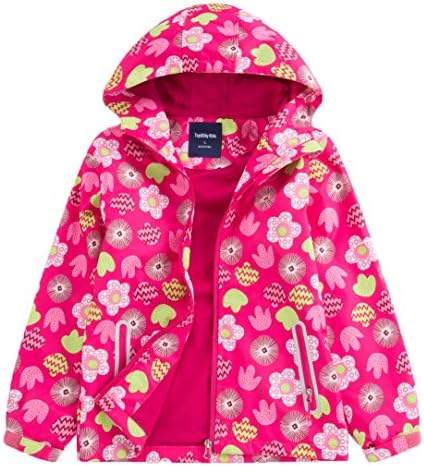 Girls' Outdoor Floral Fleece Lined Windproof Jacket with Hood Waterproof Raincoat