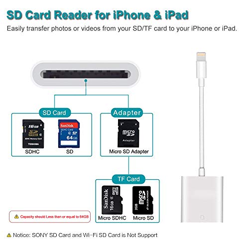 SD Card Reader, Lightning Adapter for iPhone (Requires iOS 9.2 or Later), Trail Game Cameras Viewer for iPhone X/8 Plus/8/7 Plus/7/6s Plus/6s/6 Plus/6/5/5S iPad Mini/Air, No App Required [Upgraded]