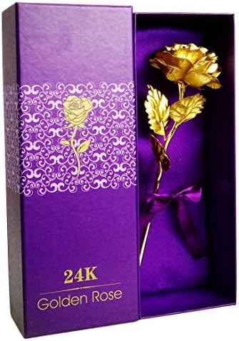 TENEW Golden Color Plastic Foil Rose with Acrylic Base Vase & Giftbox (Purple)