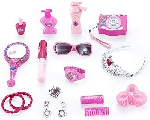 JaxoJoy Girly Girl 18 Piece Fashion Set โ Premium, Durable Pink Fashion Set with Rhinestone Tiaras, Bangles, Mirror, Camera Ideal Girls Party Gift