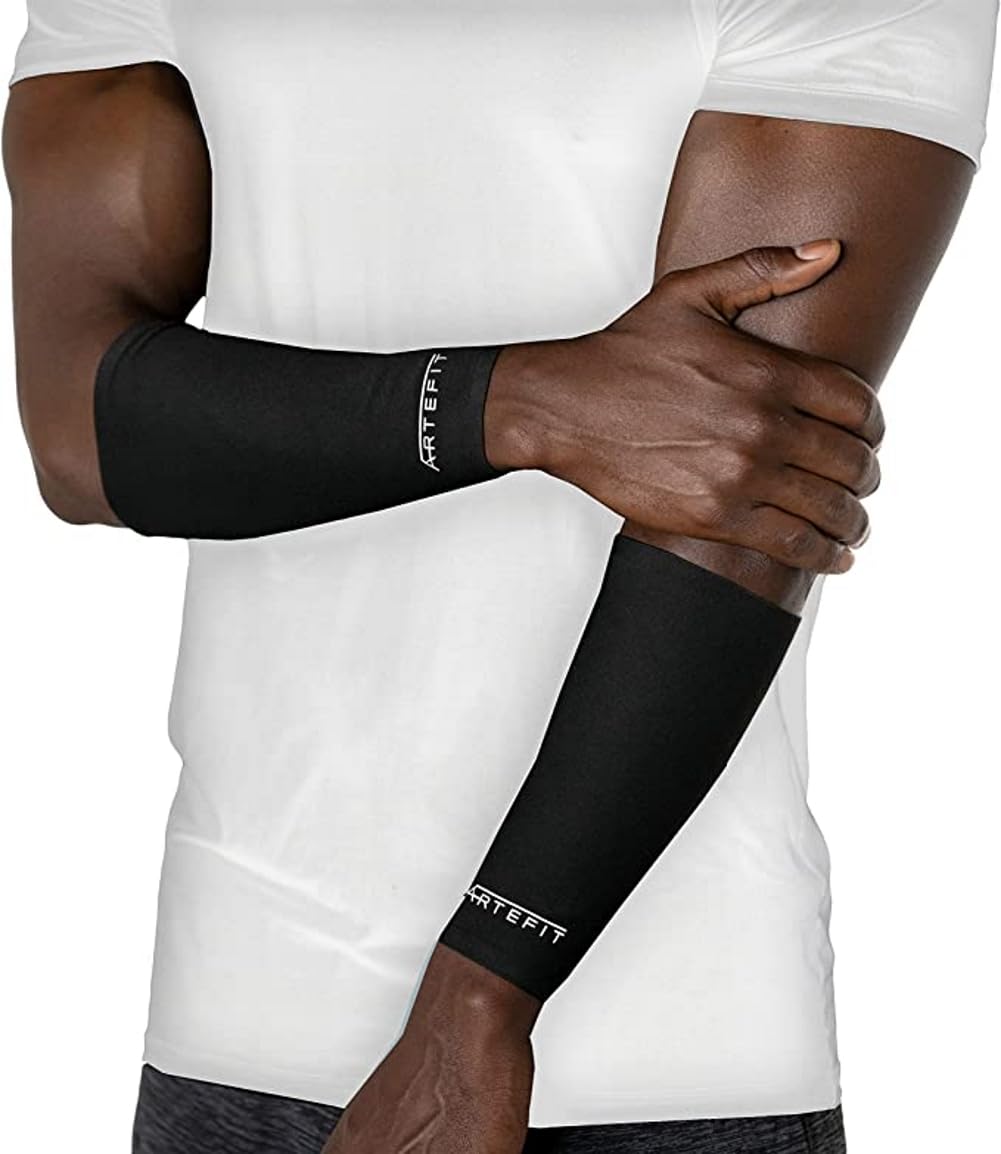 Artefit Forearm Sleeves - Compressions Short Arm Sleeves - UV Protection (Black, L)