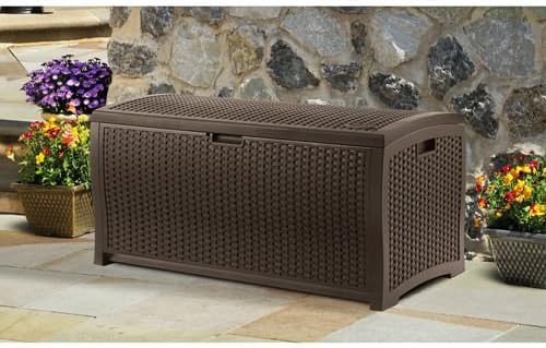 Weather Resistant Patio Pool Deck Storage Box- This Custom Mocha Wicker Resin Basket Is Perfect For Storing Your Gear, Tools, Towels, Cushions, Pool Outdoor Toys- Full 99 Gallon Capacity Lightweight
