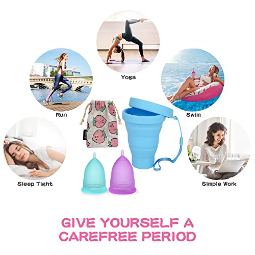 Menstrual Cup, Soft and Flexible Menstrual Cups Come with Foldable Sterilizing Cleaner Cup and Storage Bag, Reusable Premium Silicone Microwavable Friendly