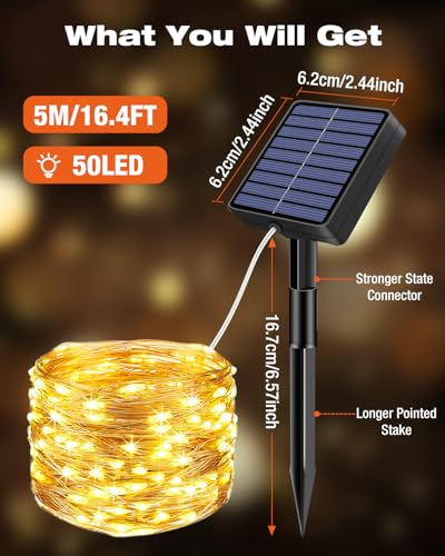 bitjam Pack of 2 Outdoor Solar String Lights, 5+2M 50 LED 8 Mode IP65 Waterproof Solar String Lights Outdoor with Memorization for Fence, Garden, Balcony, Decoration, Warm White