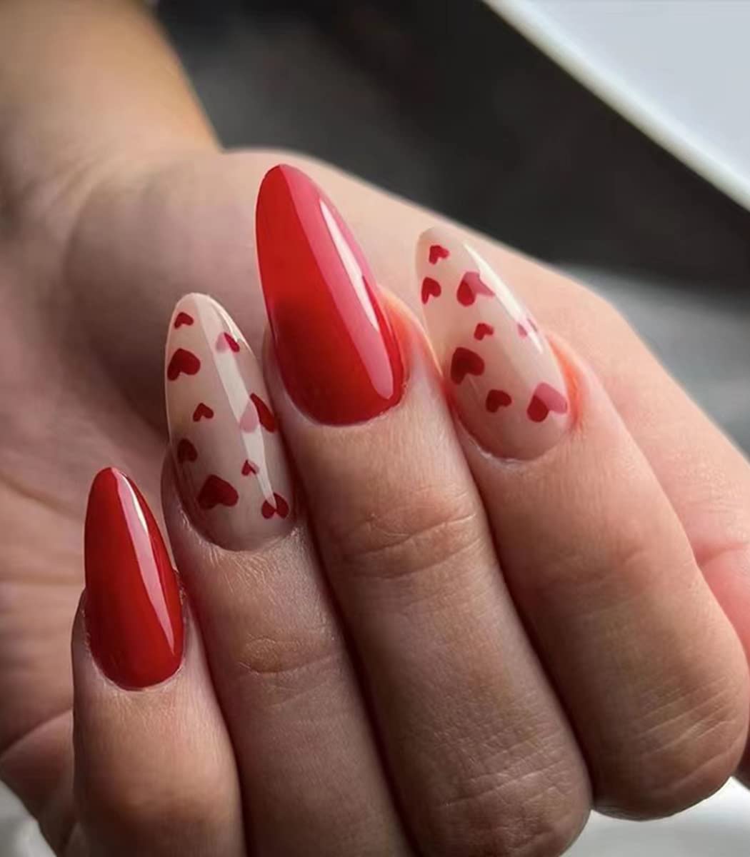 Sethexy Valentine's Day Almond False Nail Love Heart Press on Nail Red Fake Nails 24Pcs Acrylic Art Stick on Nails for Women and Girls