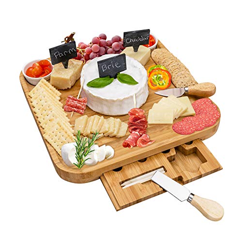 Natural Bamboo Charcuterie Board Set - Cheese Board and Knife Set - Elegant Cheese Platter with Hidden Drawer - Wooden Cheese Tray with Knives, Bowls, Slate Tags, and Chalk - Anti-slip Design