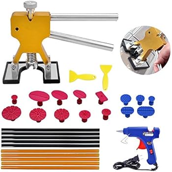 YOOHE Paintless Dent Repair Tools Kit - Gold Dent Lifter with 15pcs Dent Removal Pulling Tabs Suction Cup Plate Hot Melt Glue Gun Pro Glue Sticks