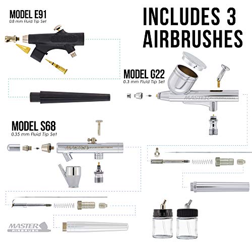 3 Airbrush Professional Master Airbrush Airbrushing System Kit with 6 U