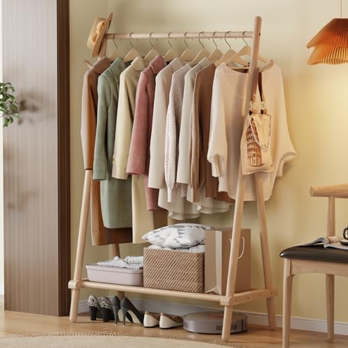 AQIMUELE Wooden Clothes Hanger, Clothes Stand, 46 x 100 x 155 cm, Heavy Duty Easy to Assemble Coat Stand with Shoe Stand (Natural)