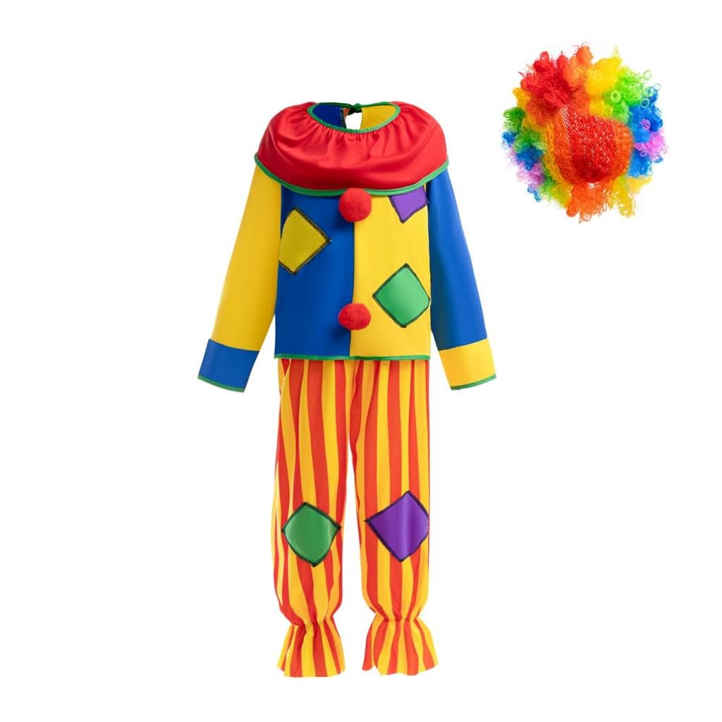 Lito Angels Clown Halloween Costume Fancy Dress Up with Red Rainbow Wig for Kids Boys or Girls Age 10-11 Years (Tag Number 0L)