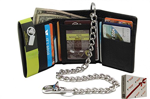 Men's Cow Leather (Snake Texture) 112- Black RFID Signal Blocking Trifold Steel Chain Wallet Biker Motorcycle Trucker's in Gift Box