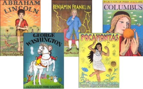 Set of Illustrated D'Aulaire biographies: Benjamin Franklin, Abraham Lincoln, Pocahontas, Columbus, George Washington
