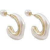 Pearl Hoop Earrings for Women, 14K Gold Plated Pearl Earrings Lightweight Circle Round White Pearl Hoop Earrings Jewelry Gift