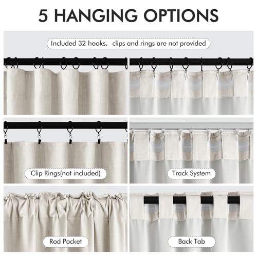 MIULEE 100% Blackout Curtains 96 Inch Long 2 Panels Set for Bedroom, Cream Thick Faux Linen Black Out Curtain Room Darkening Pleated Floor to Ceiling Window Drapes with Hooks for Living Room, Birch