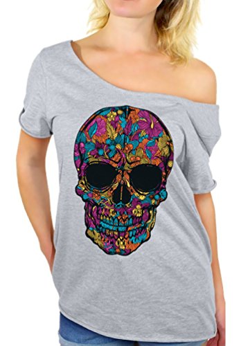 Black Flower Sugar Skull Day Of Dead Off Shoulder Top T-Shirt XL Gray