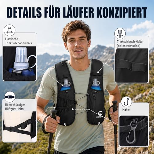 ONETOALL Running Vest for Men and Women with Two 500 ml Water Bottles, Adjustable Running Vest with Running Light for Better Visibility, Breathable Running Backpack, Hydration Backpack for Running