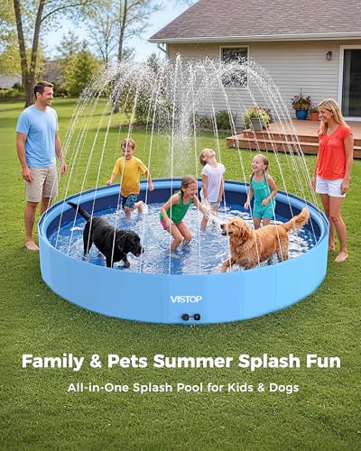 VISTOP 117" Extra Large Dog Pool with Sprinkler, Heavy Duty Foldable Hard Plastic Kiddie Pool, Non-Slip Collapsible Swimming Pool for Dogs, Kids & Pets, Portable Outdoor Backyard Water Play Tub