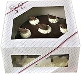 Window Cake Boxes 10 '' x 10 '' x 5 '' - 8 boxes Paperboard Auto Popup for round Cake and pie Bakery Boxes - pink striped and string Graphic designed