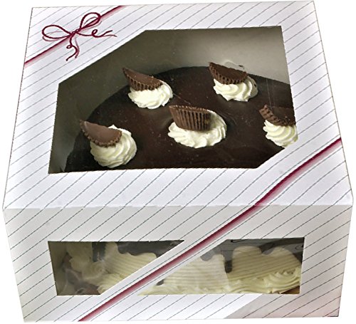 Window Cake Boxes 10 '' x 10 '' x 5 '' - 8 boxes Paperboard Auto Popup for round Cake and pie Bakery Boxes - pink striped and string Graphic designed