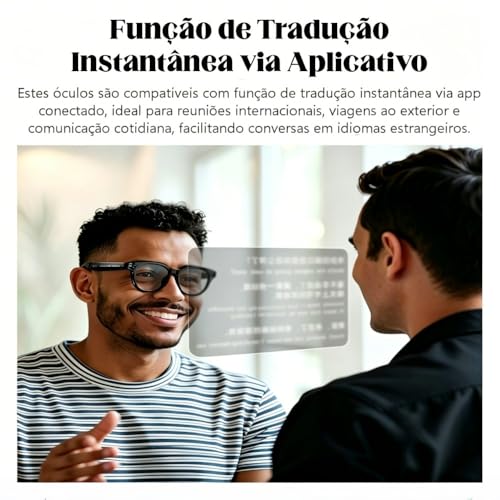 Óculos inteligentes com câmera 2MP, assistente virtual IA, tradução instantânea, reprodução musical, chamadas telefônicas, Wi-Fi 6 Bluetooth 5.4, bateria longa duração, carregamento USB-C