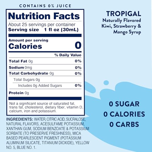 JORDAN’S SKINNY MIXES SUGAR FREE SYRUP, TROPIGAL FLAVOR, TROPICAL FRUIT FLAVORED WATER ENHANCER, DRINK MIX FOR ICE TEA, LEMONADE & MORE, ZERO CALORIE FLAVORING, KETO FRIENDLY, 25.4 FL OZ, 1 PACK