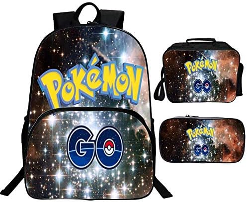 Backpacks for Primary School 3D Pokemon Printing Student Backpack + Lunch Bag + Pencil Case, Teen Girls & Boys School Bookbag