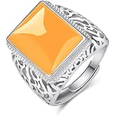 HAIXIAN Hollow out design Mens S925 Sterling Silver Ring with Natural Square Agate Stone,Adjustable Handmade Mens Turkish Ring Jewelry