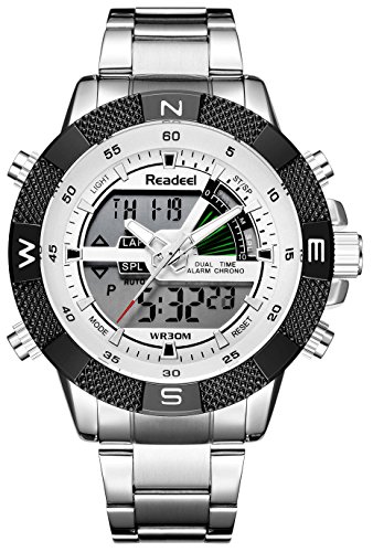 Men Watches Multi-functional Sports Analog Digital Military Wirstwatch Stainless Steel Band Big Face Stopwatch White Men Watches Multi-functional Sports Analog Digital Military Wirstwatch Stainless Steel Band Big Face Stopwatch White