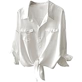 Womens Button Down V Neck Shirts 3/4 Sleeve Tie Front Loose Office Business Shirt Blouse Summer Casual Tops