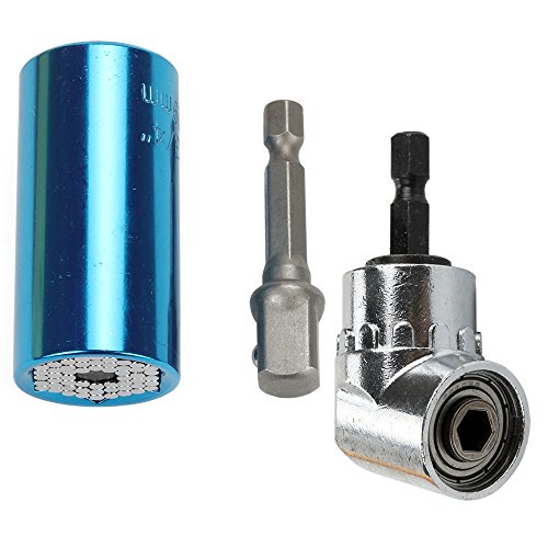 Breynet 105 Degree Right Angle Extension Power Screwdriver Drill Attachment 1/4" Drive Hex Magnetic Bit with 7mm-19mm Ratchet Universal Gator Sockets Metric Wrench Power Drill Adapter Set (blue)