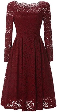 JUSOE Women's Vintage Lace Dress Sexy Long Sleeves Cocktail Formal Dresses For Wedding Bridesmaid Party, Burgundy, Medium US 6-8
