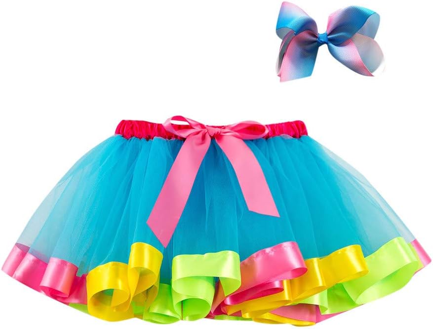 Lazzboy Girls Tutu Tulle Rainbow Ballet Skirt Princess for 3-10 Years Dress-up Costume Party with Bow Hair Clip Set