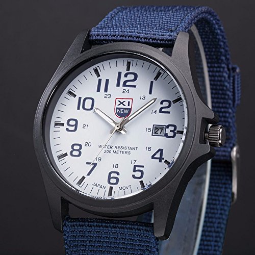Military Watch,Men Analog Watches Army Filed Tactical Sport Wrist Watches Canvas Strap Calendar Date (Blue)